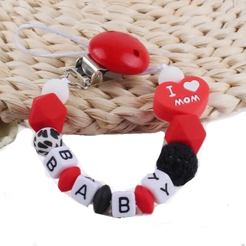 

Personalized Pacifier Chain Wood Clip Silicone Heart Teether Chupete Anti-Drop Holder Custom Baby Name I Love Mum Nipple Strap