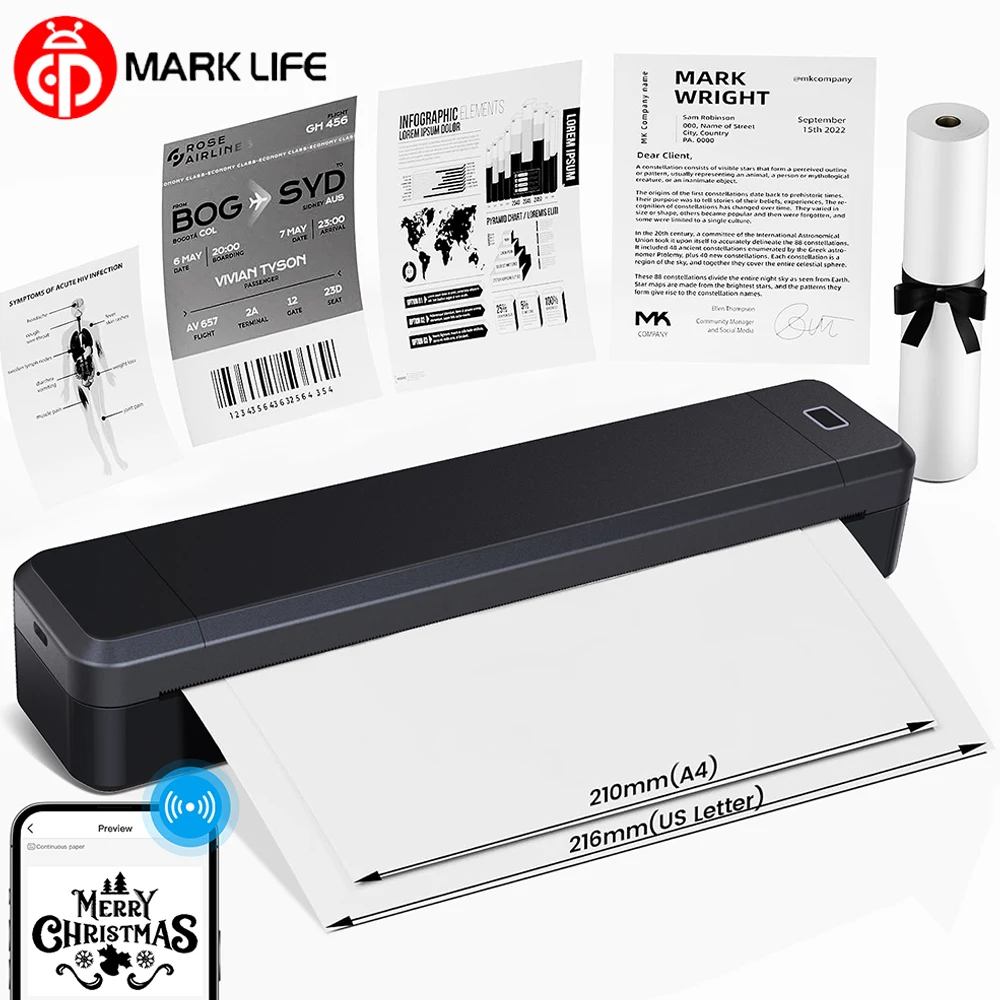 

Мини-термопринтер A4 Marklife X8 Bluetooth, безчернильный, портативный, для документов, PDF и фотографий, для дома, школы, путешествий, офиса