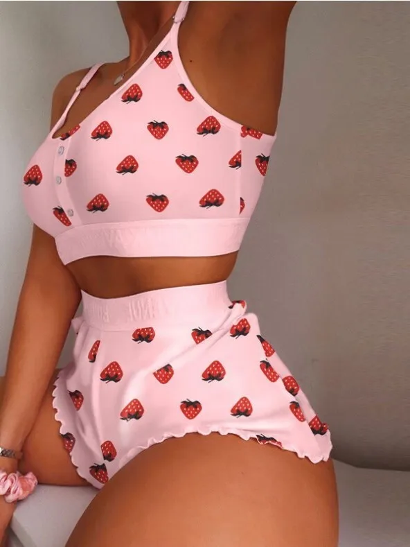 New Fashionable Printed Suspender Two-piece Set Thin Tight Sweet Home Clothes Close-fitting Elastic Cute Outfits For Women NVQI