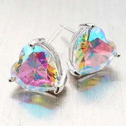 Pendientes de tuerca de corazón de circón Multicolor de cristal de arcoíris clásico para mujer, Color plateado, joyería de oreja de fiesta de boda femenina