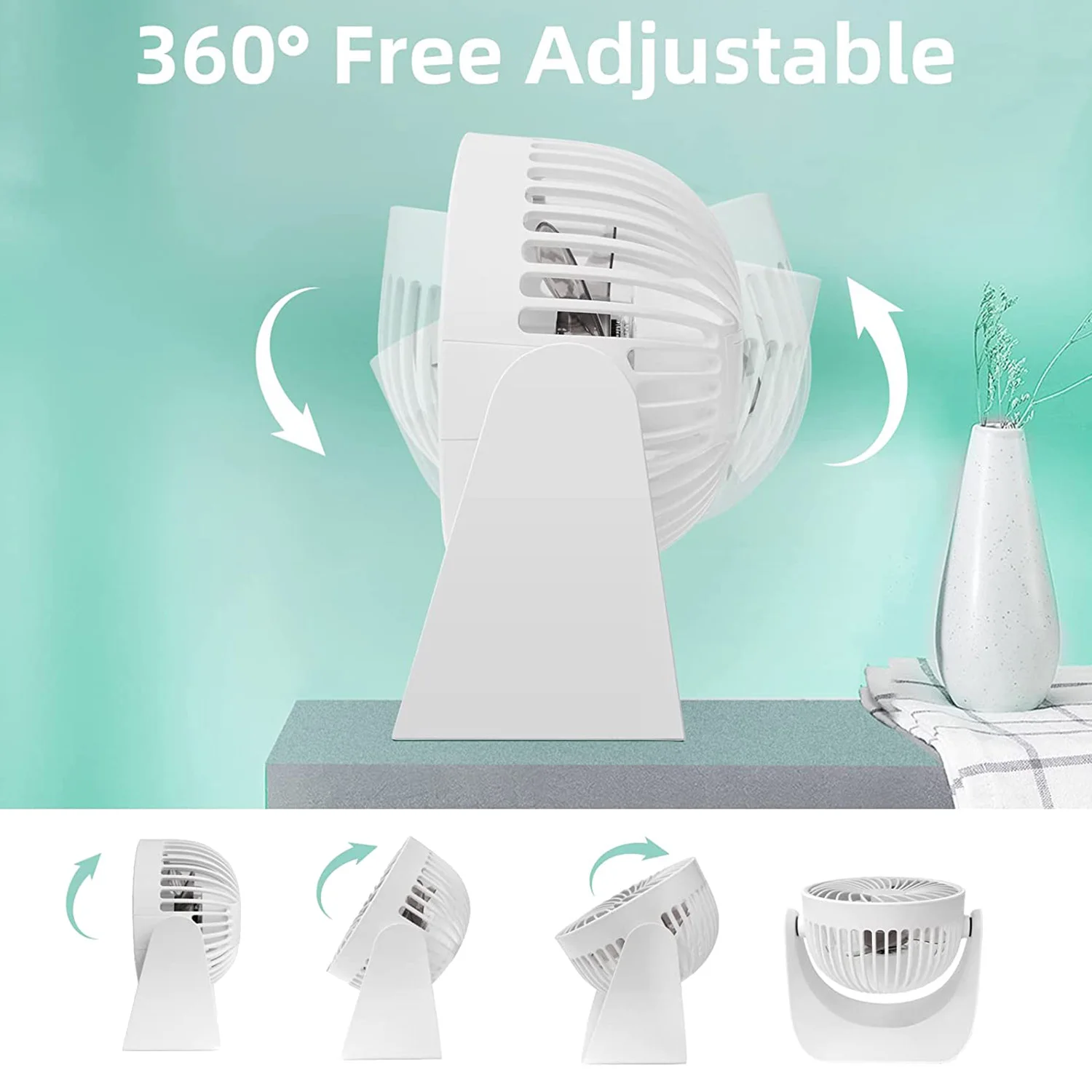 Mini Fan, Quiet USB Fan, Small 360° Table Fan, USB Table Fan with 3 Speed, Table Fans for Car, Bedroom, White