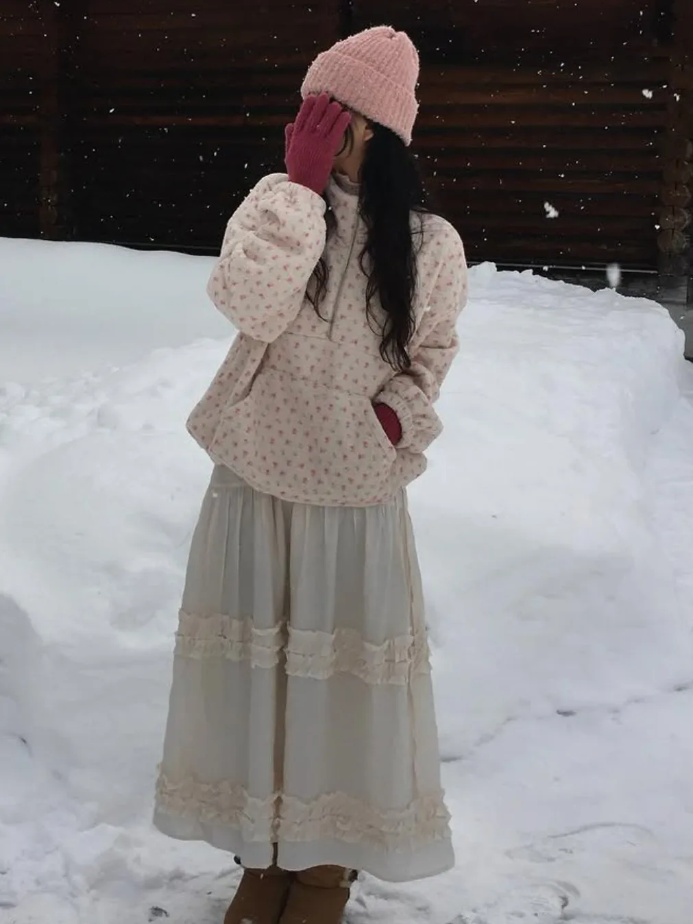 Felpa in pelliccia di agnello con stampa floreale Colletto alla coreana con cerniera Autunno Inverno da donna Anti-età Grande ket Top caldo versatile