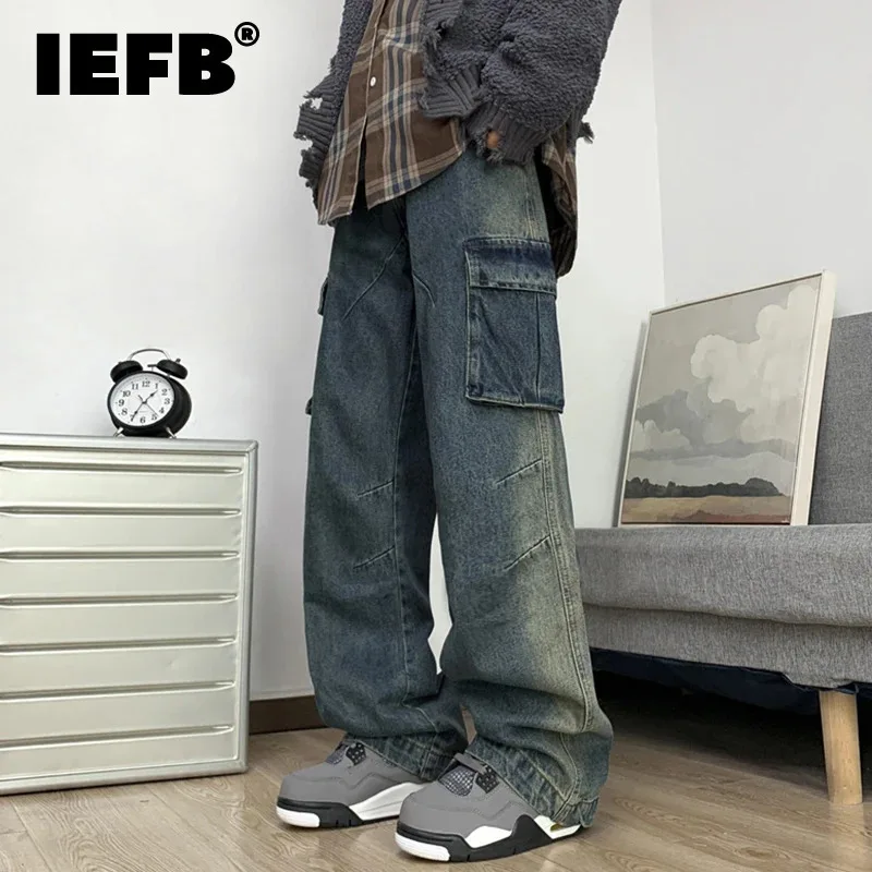 Iefb calças jeans masculinas de rua alta lavadas desgastadas bolsos grandes calças cor sólida reta perna larga masculina carga inferior 9c8031