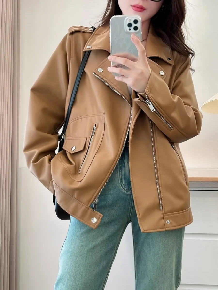 Spring Autumn Korean Style PU Leather Motorcycle Jacket Large Size Zipper Flip Collar Women's Outerwear Fashion Commute Style