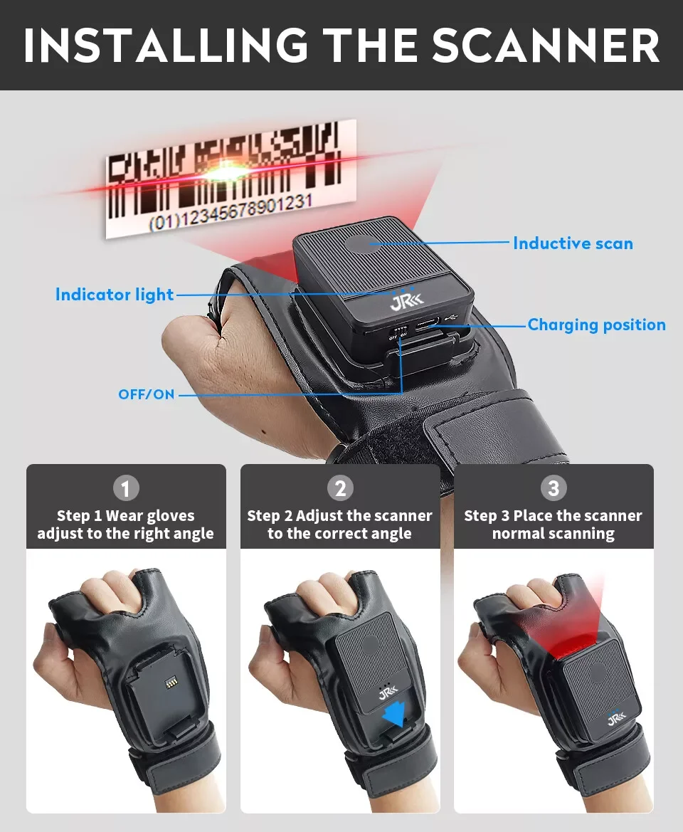 Jooytec Wearable Bluetooth Barcode Scanner 1D 2D Glove Scanner Reader for Logistic Express Warehouse