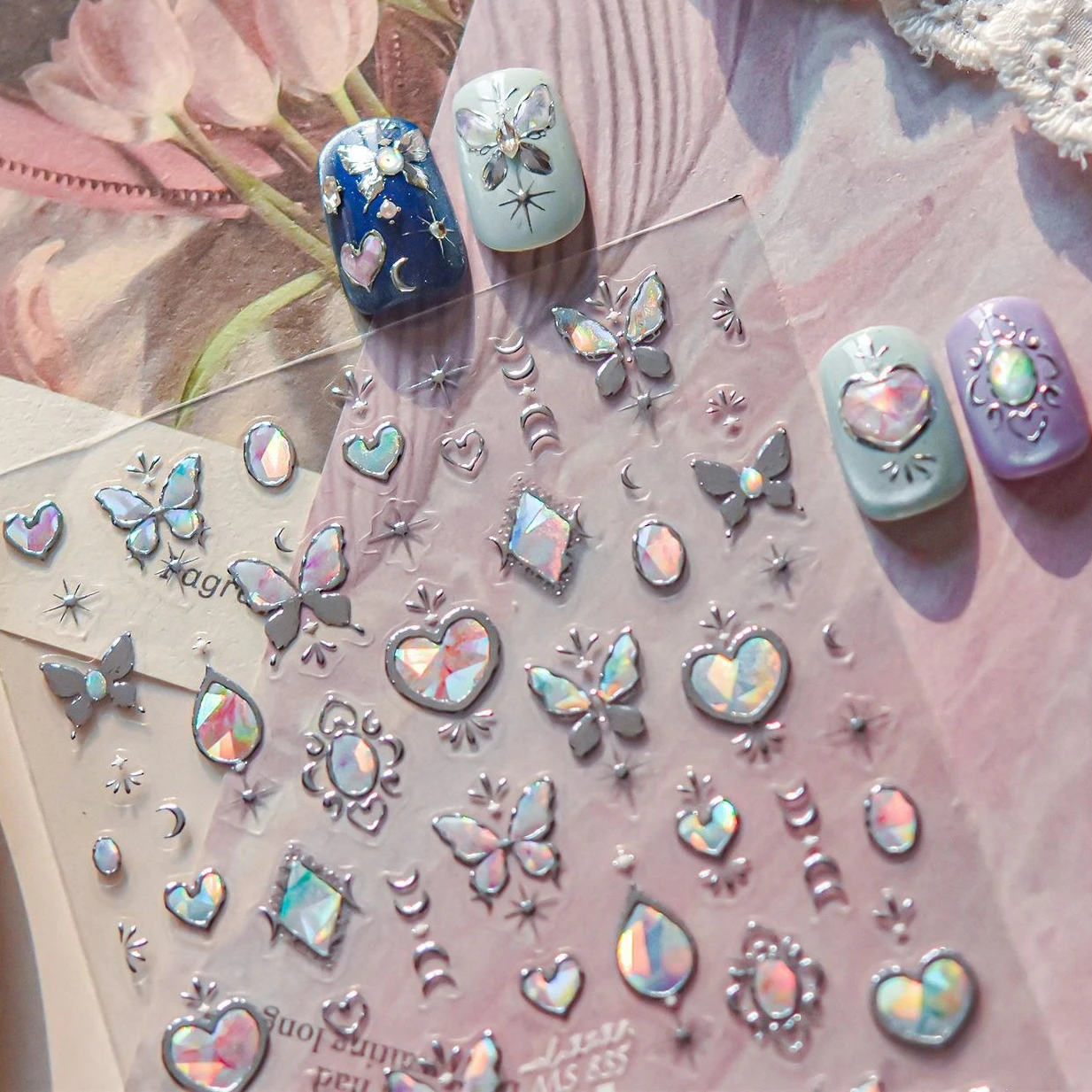 

Butterfly Love Heart Gemstones Star Photo Frame Irregular Clock Metal Block Planet Geometric Moon Laser Nail Art Stickers Decals