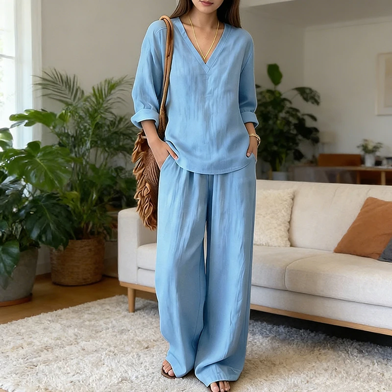 Fashion Commuter V-neck Solid Color Straight-leg Pants Casual Suit Offering Style and Practicality for Commuters