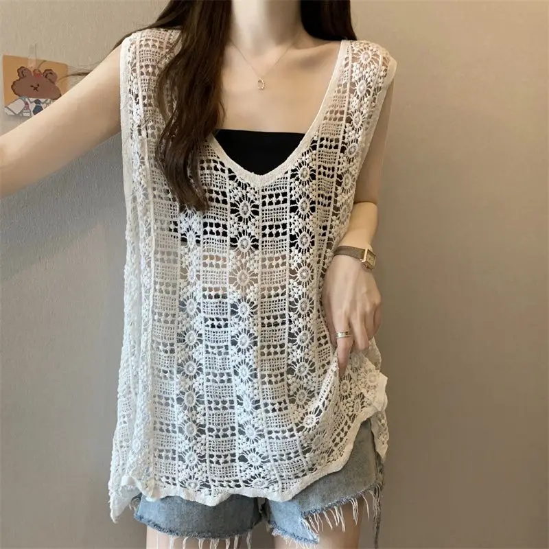 Summer Retro Hollowed Out Women\'s 2024 Patchwork Pullover V-neck Fashion Solid Color Loose Casual Sleeveless Knitted Vest Tops