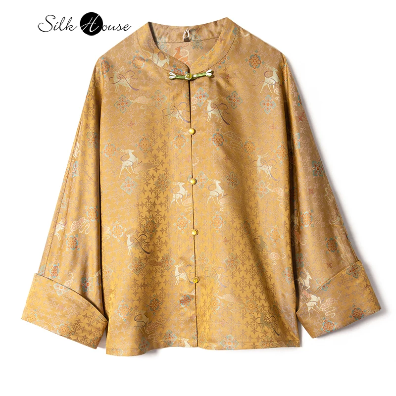 

2025 Women's Early Autumn New Versatile Deer Print 100% Natural Mulberry Silk Song Brocade Round Neck Long Sleeved Coat