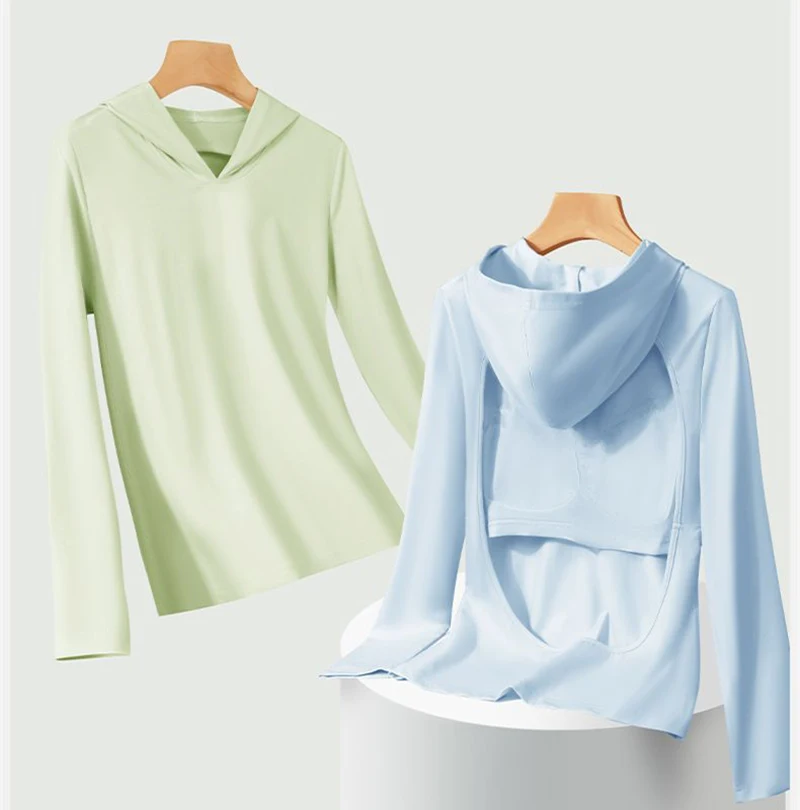 Hooded Sunbathing Clothes Women's Sweat Absorbing Breathable Chest Cushion Outdoor Long Sleeved Backless Top T-Shirt New