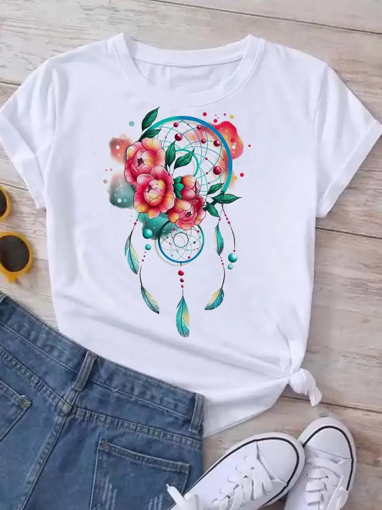 Maycaur Harajuku Frauen T Shirt Schöne Dreamcatcher Print Tops T Weibliche T-shirt 90er Jahre Mädchen Nette Grafik Frauen T-shirts