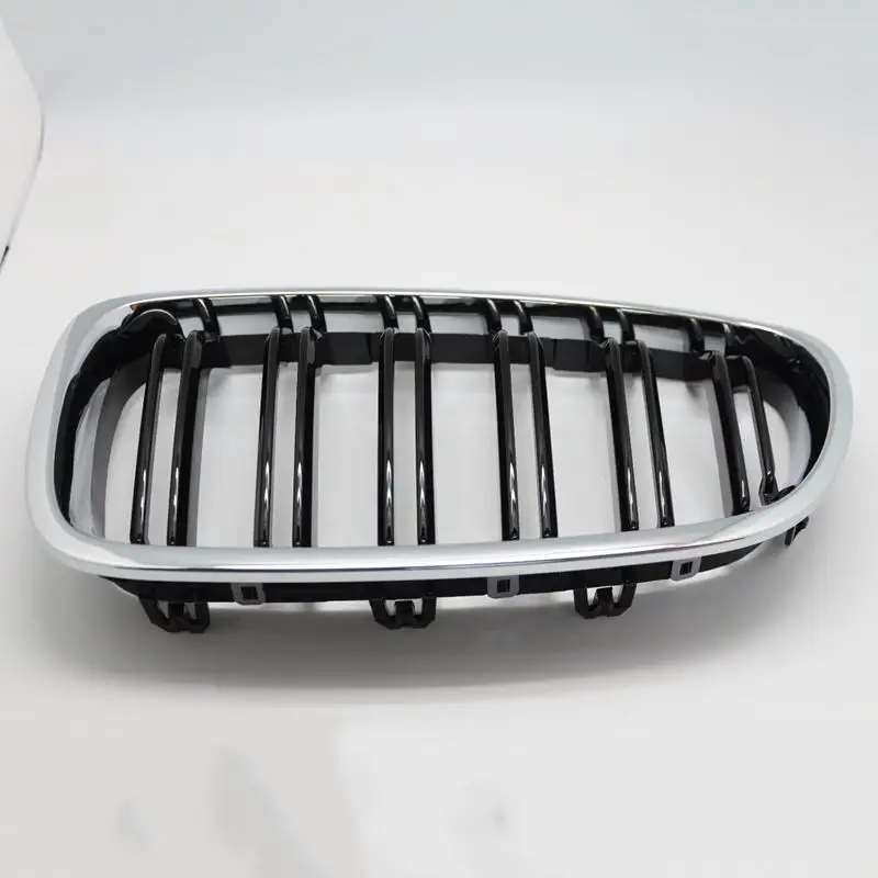 Silver + Black Dual Fin Front Grille Grill Hood Nose For BMW F10 F11 5 2010-2015