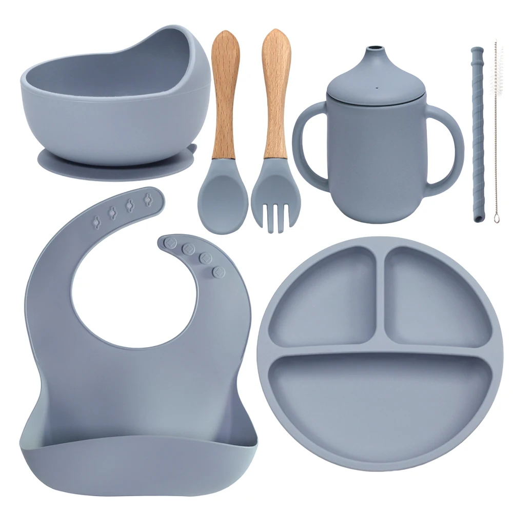 

8 PcsHot Sale Children Dinner Feeding Cutlery Sets Baby Bibs Suction Bowl Plate Silicone Tableware Weaning Set for Babies