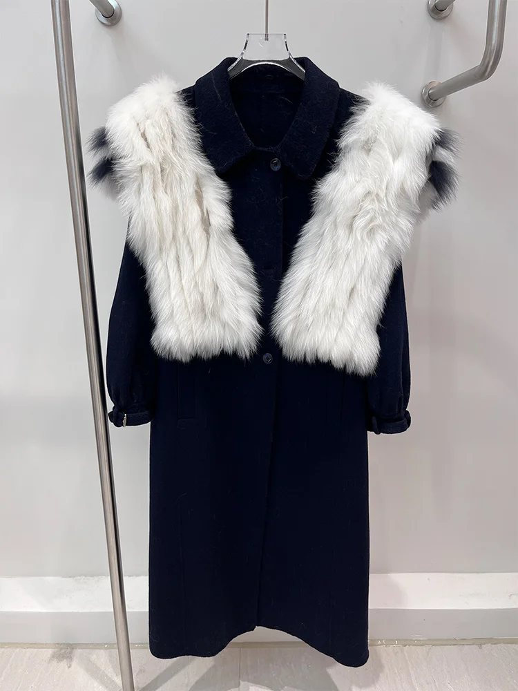 2025 nouvelle mode femmes hiver fourrure de renard naturelle col bleu marine longue laine manteau de laine vêtements d'extérieur pour femmes veste de rue