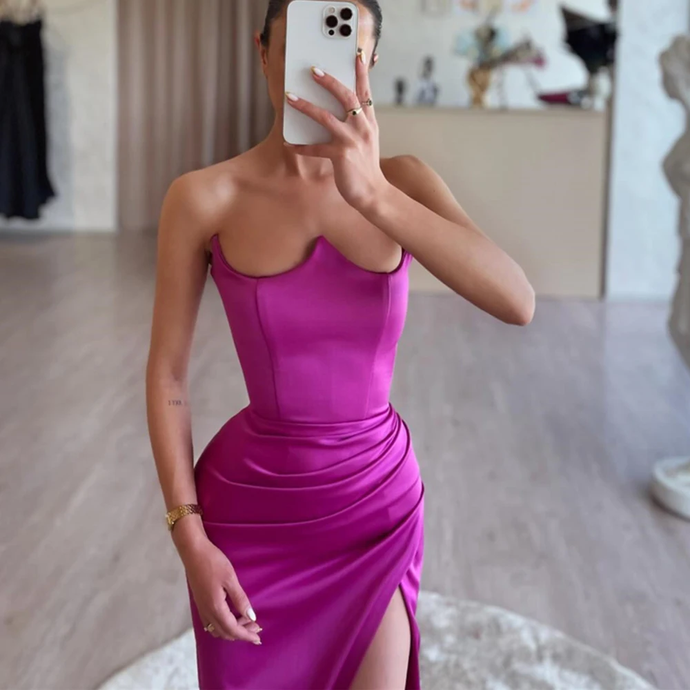 Customized Temperament Satin Straight Side Slit Evening Dress Delicate Floor Length Strapless vestidos para mujer