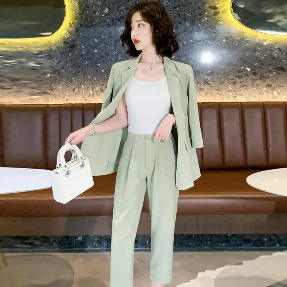 1 Set Women Blazer Pants Set 3/4 Sleeves Solid Color Lady Top Trousers 2 Piece Set Blazer Office Suit