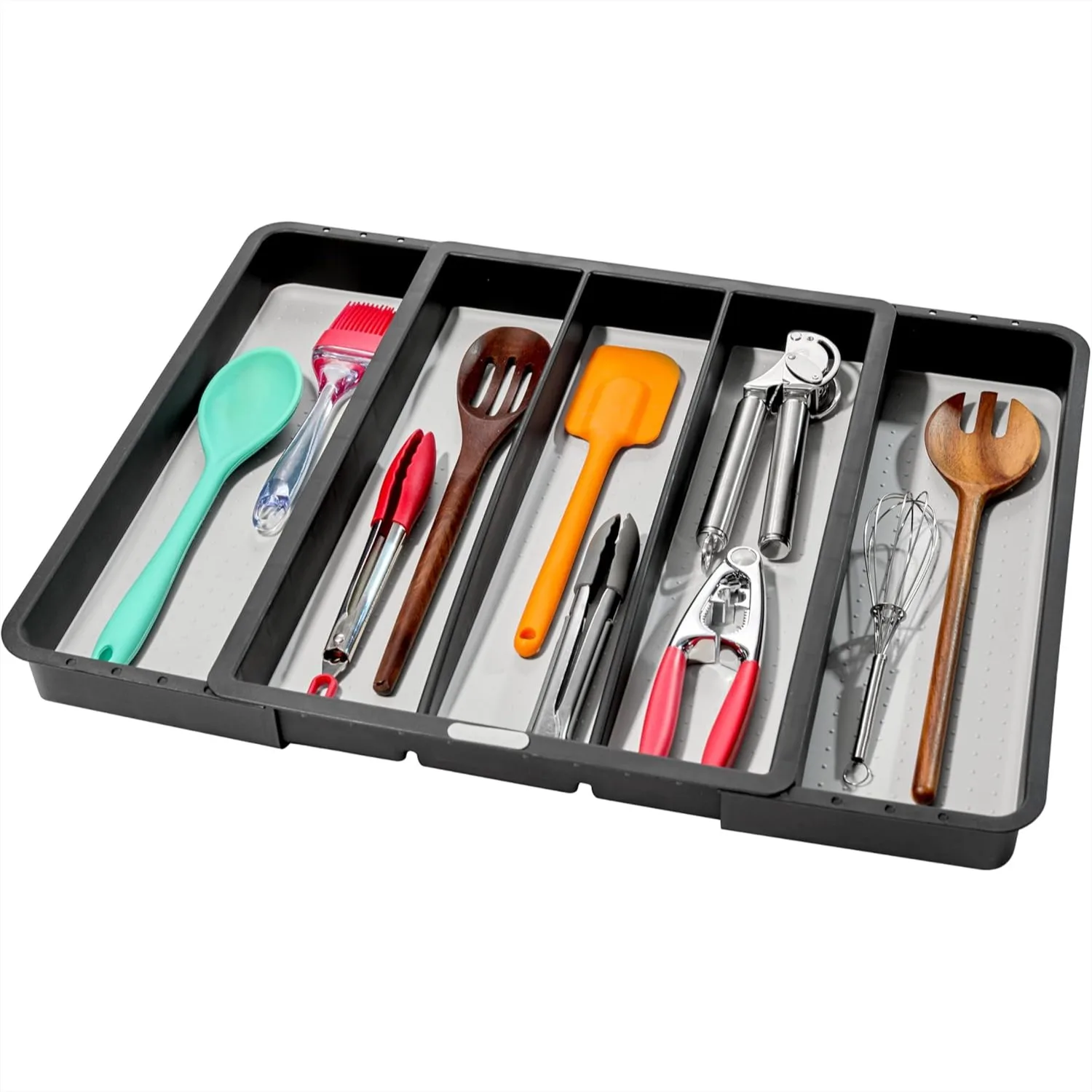 

Раздвижной лоток для столовых приборов с 8 отделениями для вилок, ножей, ложек и глубоким отсеком для кухонных инструментов, с нескользящей мягкой ручкой