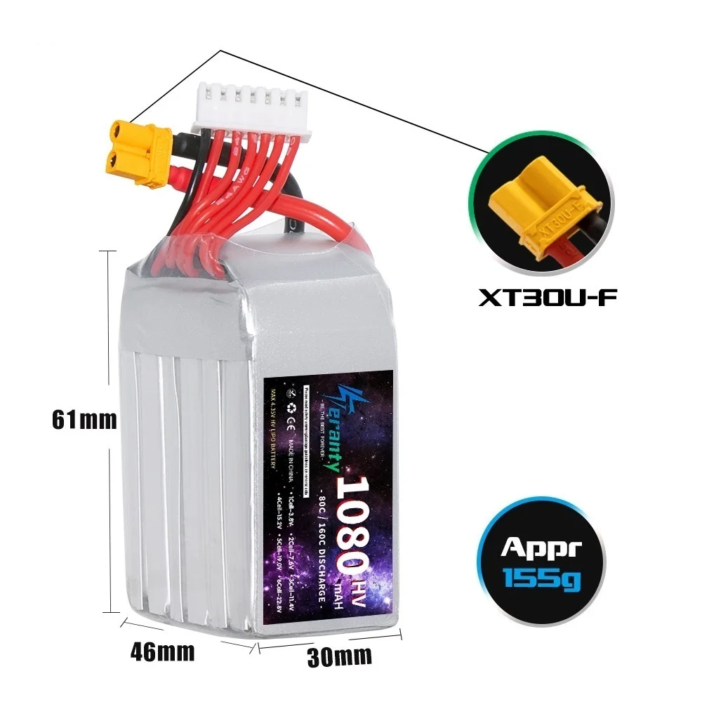 TERANTY Lipo HV 22.8V 1080mAh FPV Drone Battery 80C/160C with XT60 XT30 Softcase for RC Car Boats Airplane RC Battery Model Part