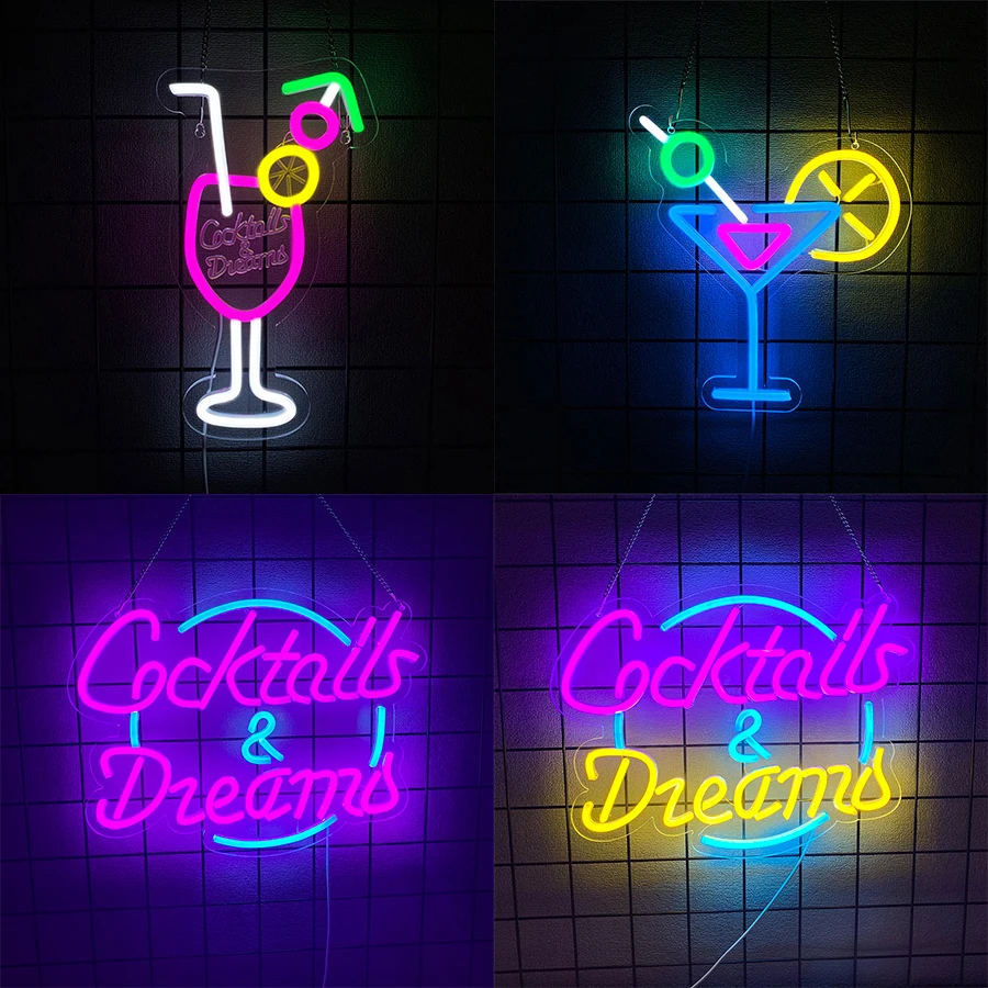 Insegna al neon per cocktail e sogni per decorazioni murali, insegne luminose al neon a LED per camera da letto, casa, birra, bar, bistrot, decorazioni artistiche, alimentate tramite USB