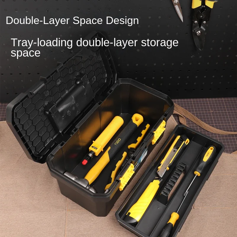 Deli 1Pcs Double Layer Household Tool Box Organizer Case Multifunctional Hardware Tool Storage Box Plastic Electrician Toolbox