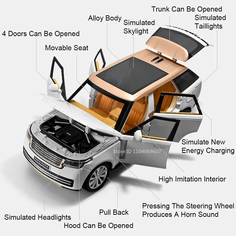 1:24 Land Range Rover Auto Modell Spielzeug Miniatur SV2022 SUV Legierung Diecast Sound Licht Türen Geöffnet Zurückziehen Geschenke für Kinder