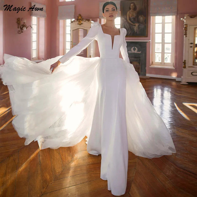 Magic Awn Long Sleeves Satin White Wedding Dresses Detachable Skirt Tulle Illusion Open Back Simple Bridal Gowns For Women Robes