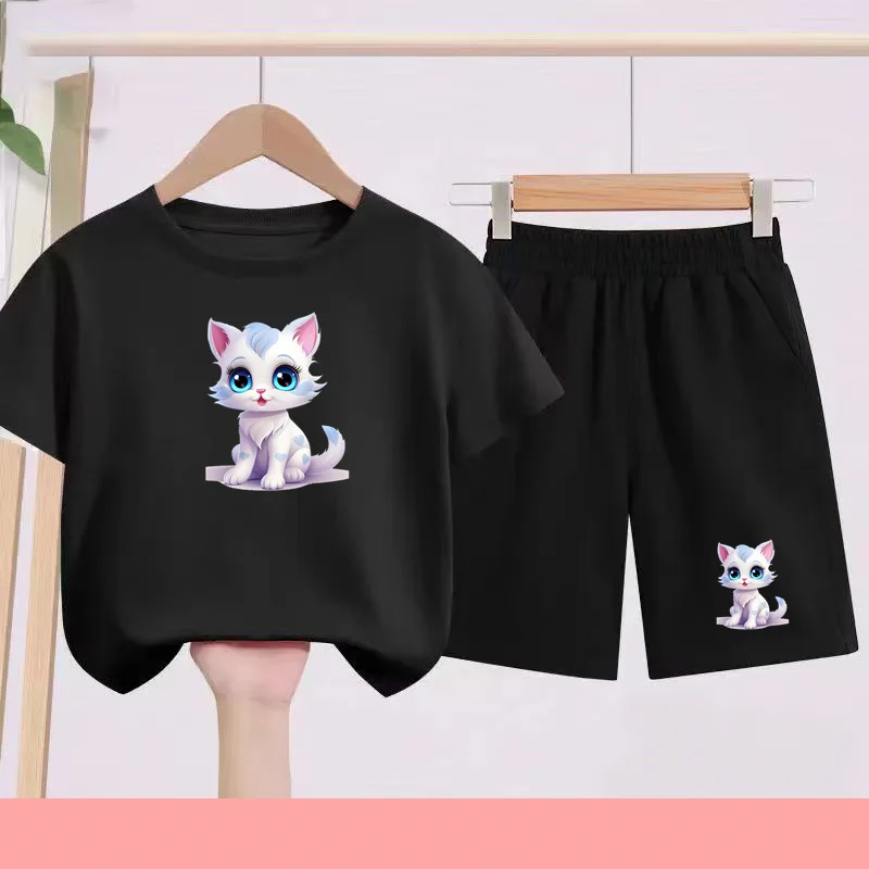 

Anime Cartoon cat Boy Girl Summer 2 Piece Children T-Shirt Casual 3-12 Age Short Sleeve+Shorts Comfortable Breathable Sportswear
