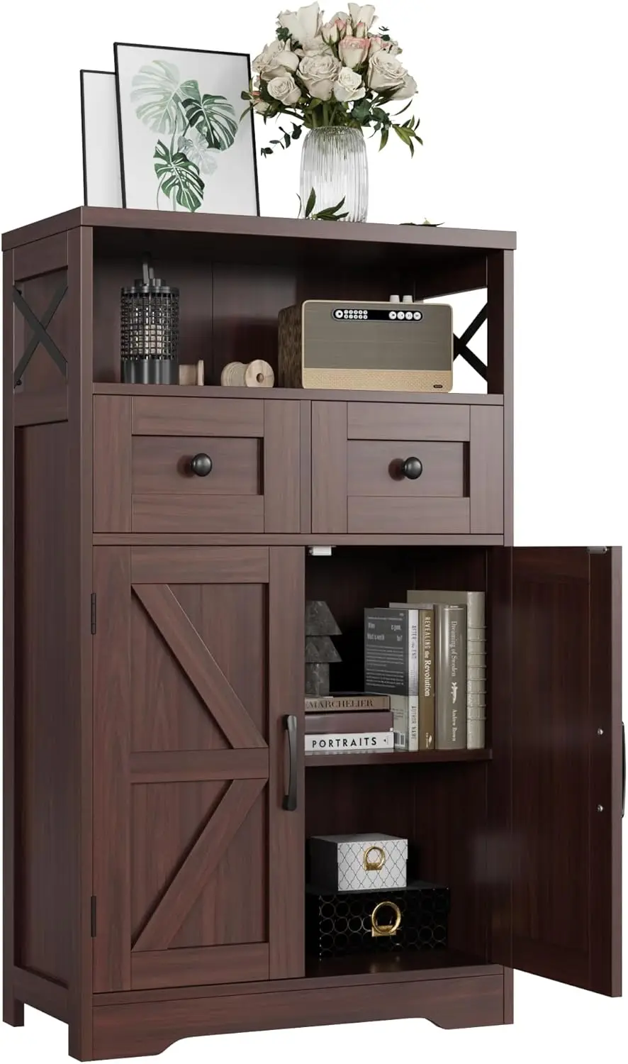 서랍과 선반이 있는 진한 갈색 보관 캐비닛, 스탠딩 주방 식료품 저장실 캐비닛, 바닥 보관 캐비닛 허치 찬장,