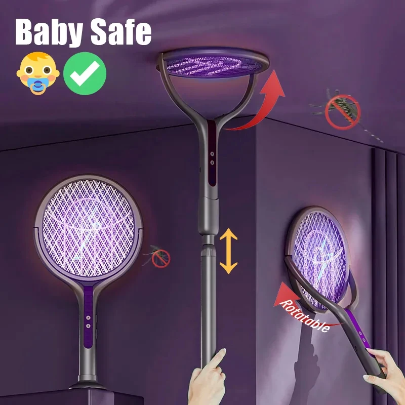 2026 Rotating Electric Mosquito Swatter Telescopic Handle Electric Mosquito Swatter Long Battery Life Charging USB