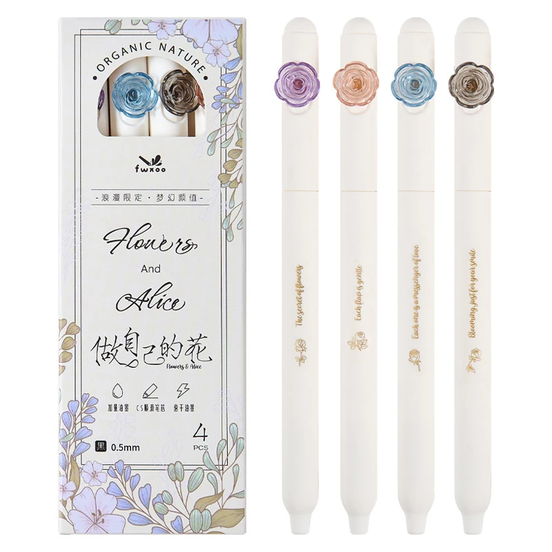 4PCS/Set Romantic Flower Series Gel Pen For Students 0.5MM Quick Dry Gel Ink Pen Rotate Writing Pen School Office Supplies New