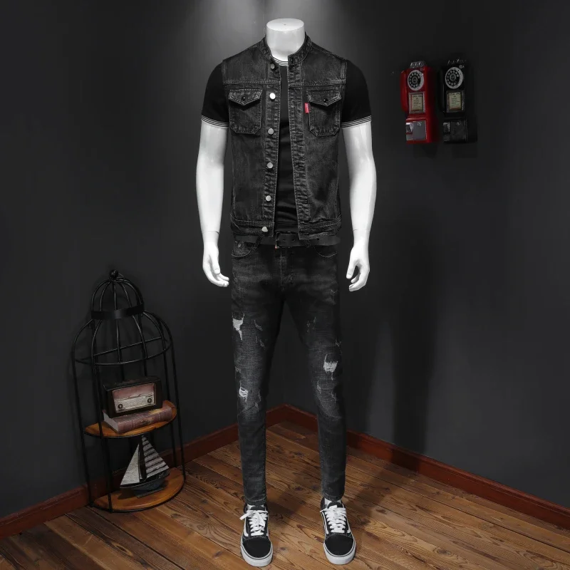 New High Quality Fall on The New Fashion Handsome Trend Everything Black Stand Collar Large Size Cowboy Vest Man   Vest for Men