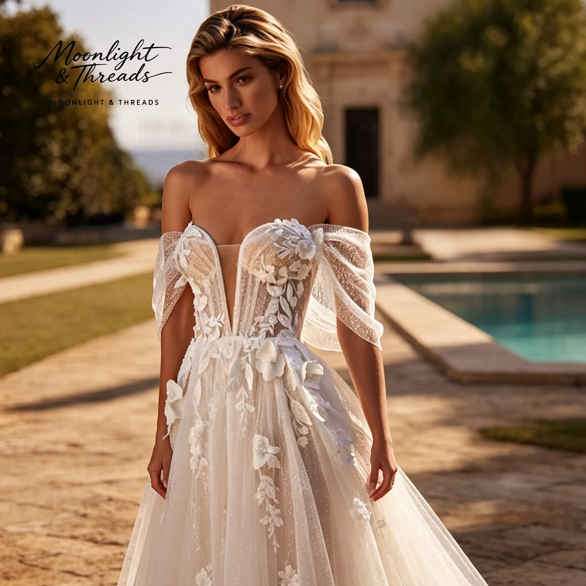 Ivory off-the-shoulder strapless A-line floor-length formal wedding gown featuring appliqués and a boned bodice