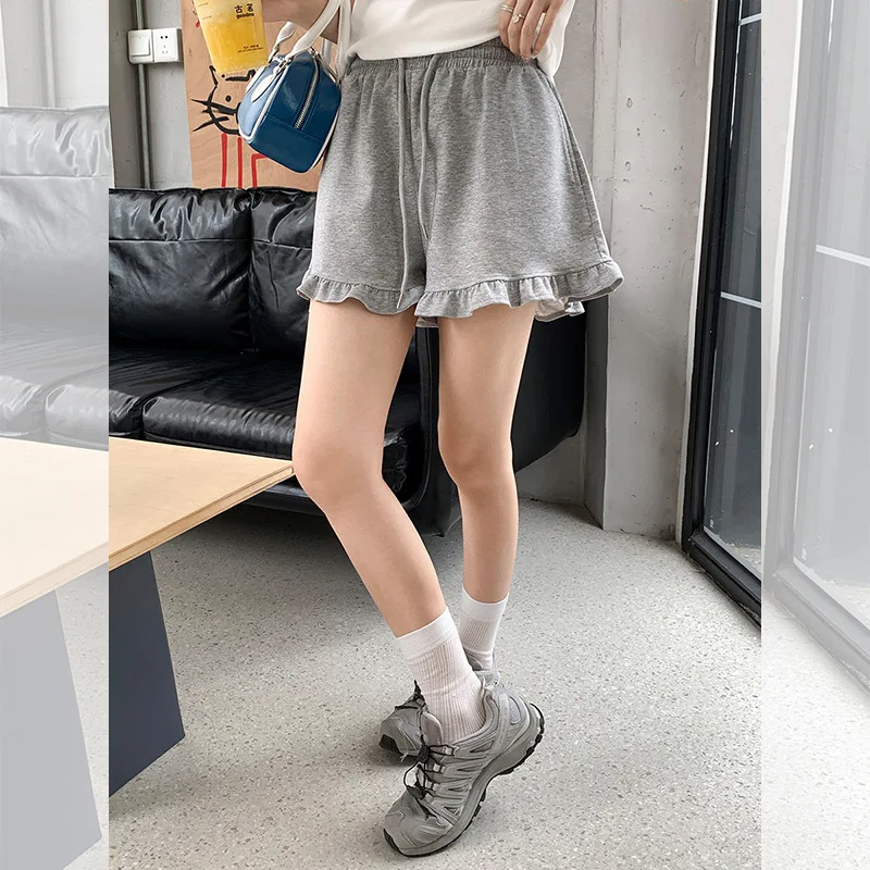 Süße Freizeithose mit Rüschensaum für Damen, Sommerkleidung, elastische Taille, Krawatte, schlankmachende, atemberaubende Shorts