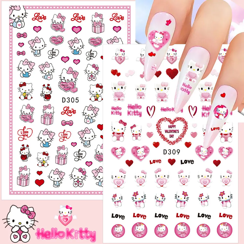 Autocollants pour ongles en forme de cœur rouge Hello Kitty, Kawaii, Design doux, décoration de manucure Sanrio, autocollants Kuromi auto-adhésifs, fourniture pour ongles, 16/1 pièces