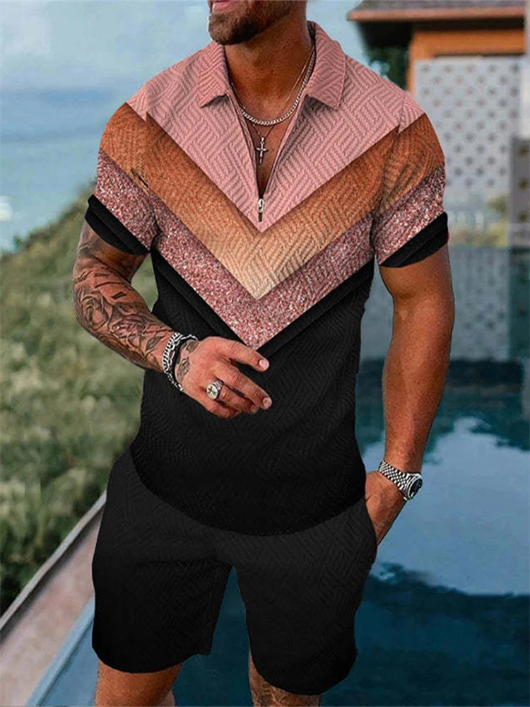 2024 European And American New Men's Patchwork Print POLO Shirt Vacation Pool Short Sleeve Suit Casual Men's Zipper T Shirt