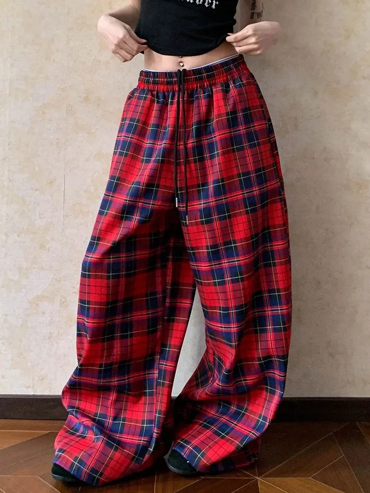 

Винтажные уличные брюки-карго в клетку для женщин, в стиле хип-хоп Y2K, американские повседневные летние брюки в стиле Harajuku, свободные, с высокой талией, ретро-брюки