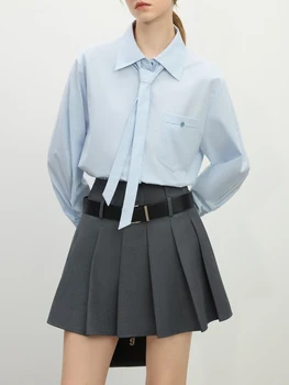 FSLE Office Lady 100% katoenen shirt met lange mouwen voor lente 2025, nieuwe afneembare stropdas shirt dames casual losse shirts 25FS11044
