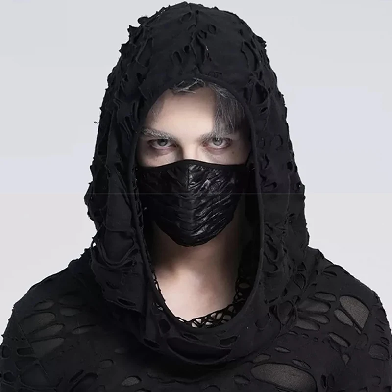 Black Glossy Pleated Face Mask Devil Fashion Punk Style Unisex Gothic Face Cover for Halloween Cosplay Club Party Costume Access