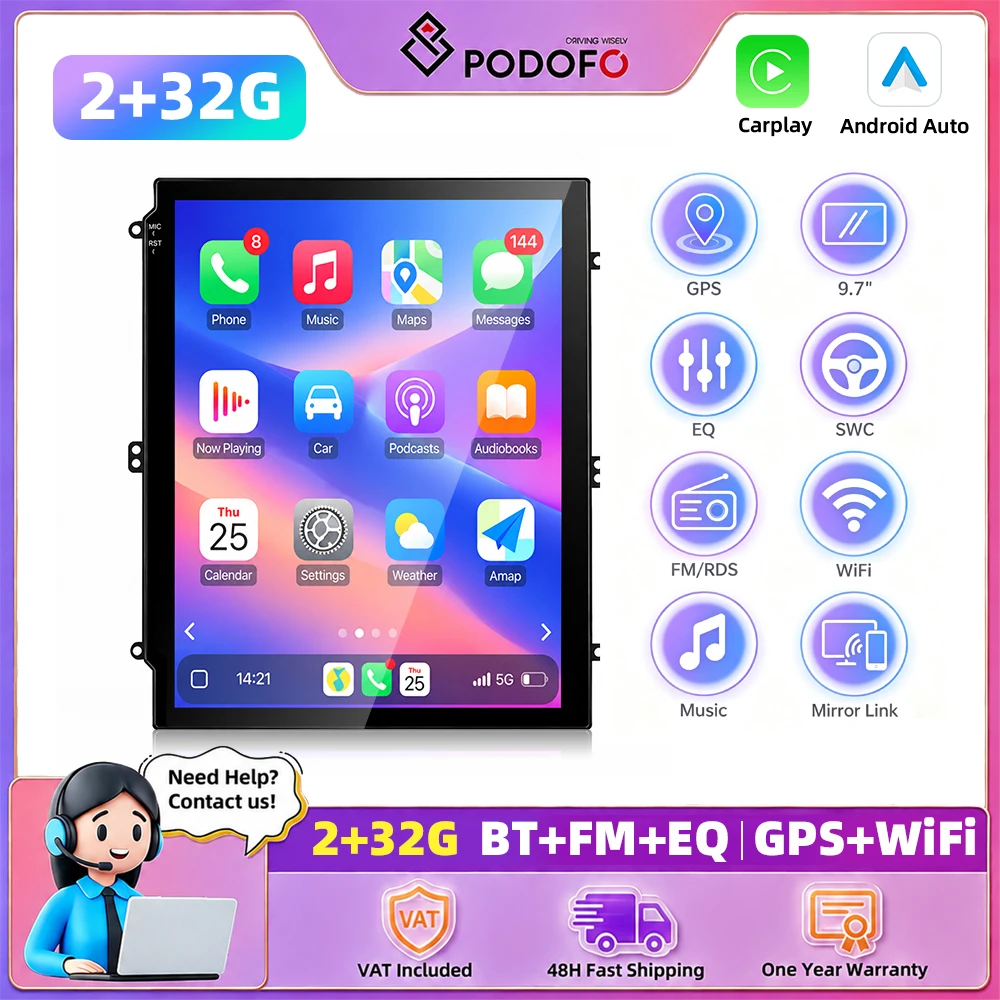Podofo 9,7-calowe radio samochodowe 2DIN, 2 GB pamięci, 32 GB, Carplay, Android Auto, uniwersalny odtwarzacz multimedialny do samochodu, funkcja Mirror Link, inteligentny system wspomagania jazdy,