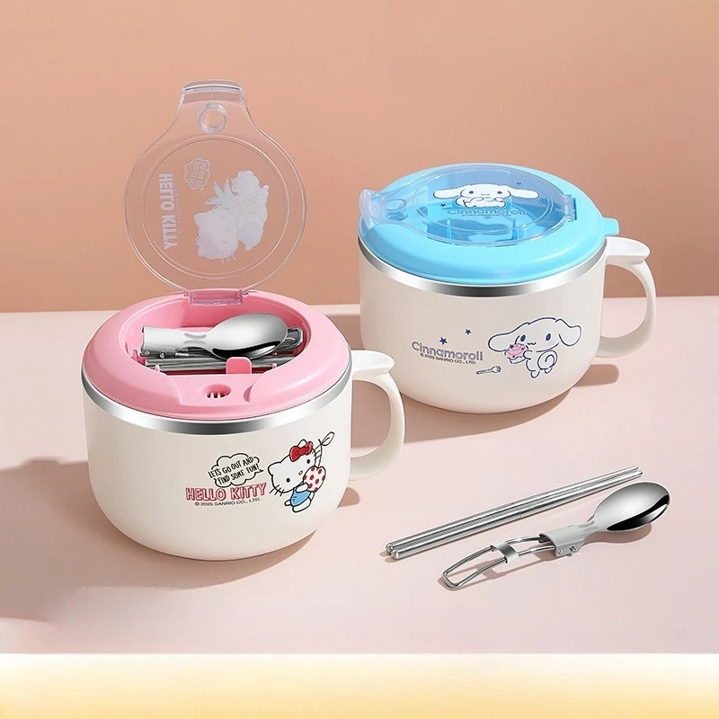 

Sanrio Hello Kitty Kuromi 304 Stainless Steel Thermal Noodle Bowl with Cover Student Lunch Box Leak Proof Portable