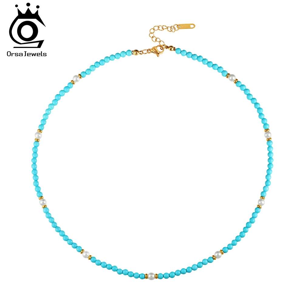 ORSA JEWELS Bohemian 18K Fashion Neck Chain Jewelry Stainless Steel Green Turquoise Beads Necklace with Natural Pearls STMN06