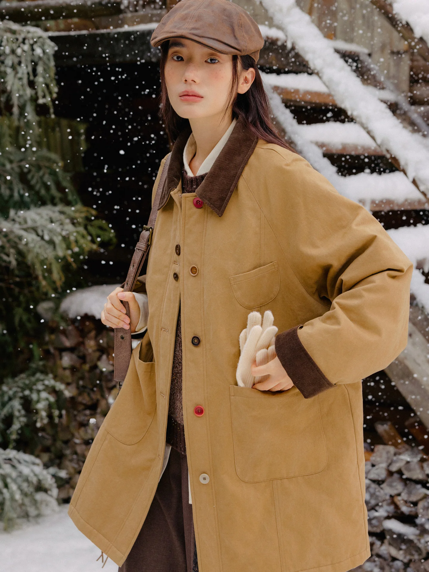 

Octopusme Retro Stitched Cotton Jaet Women's Autumn Winter Middle Length Quilted Cotton Coat with Collar Coat Outerwear