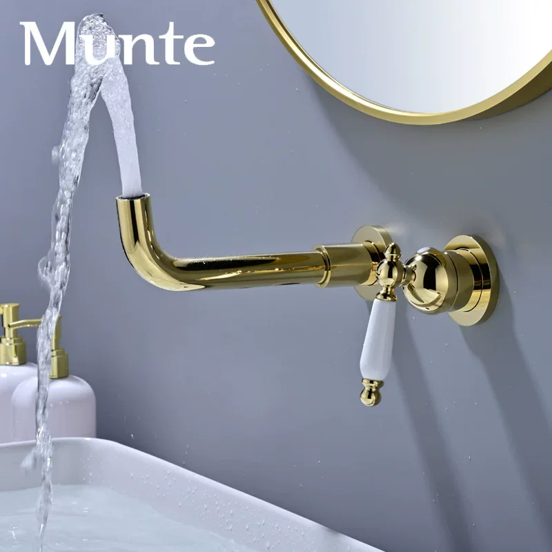Luxury Gold All-Copper Concealed Wall-Mounted Basin Mixer Luxury European Style Basin Faucet Bathroom Sink Faucet Hot cold water