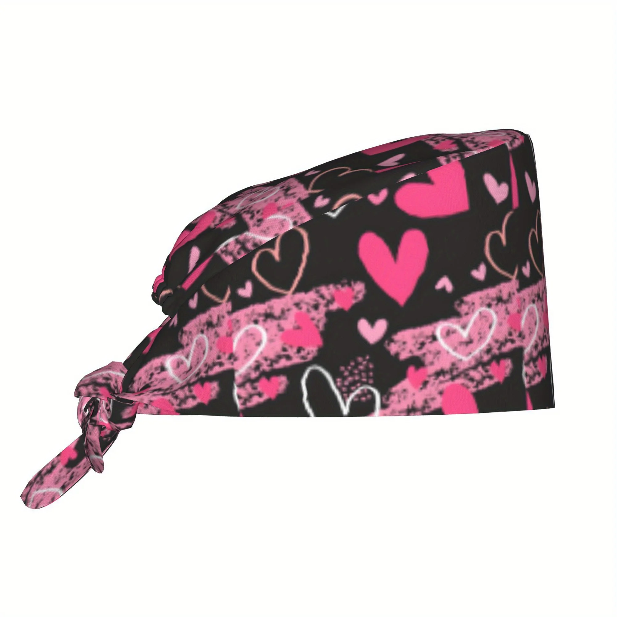 Pink Heart Print Scrub Cap Black Pink Love Pattern Hat Adjustable Medical Work Cap for Nurses Valentine's Day Themed