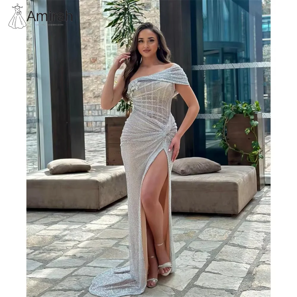

Amirah Custom Made Luxurious Women's Evening Dresses Woman Elegant Fish Tail Slit Elegant Long Dress Sequins Off-shoulder Prom