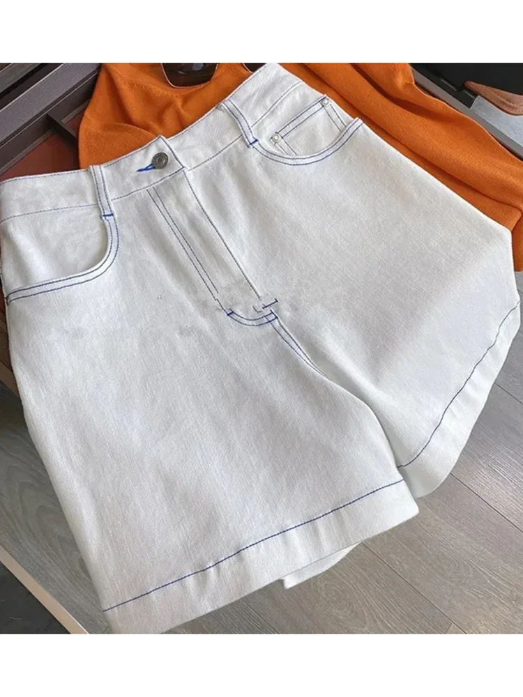 

New Letter Print Button Y2k Jeans Pocket Wide Leg Trousers Streetwear Women High Waist White Denim Shorts Summer Female Clothing