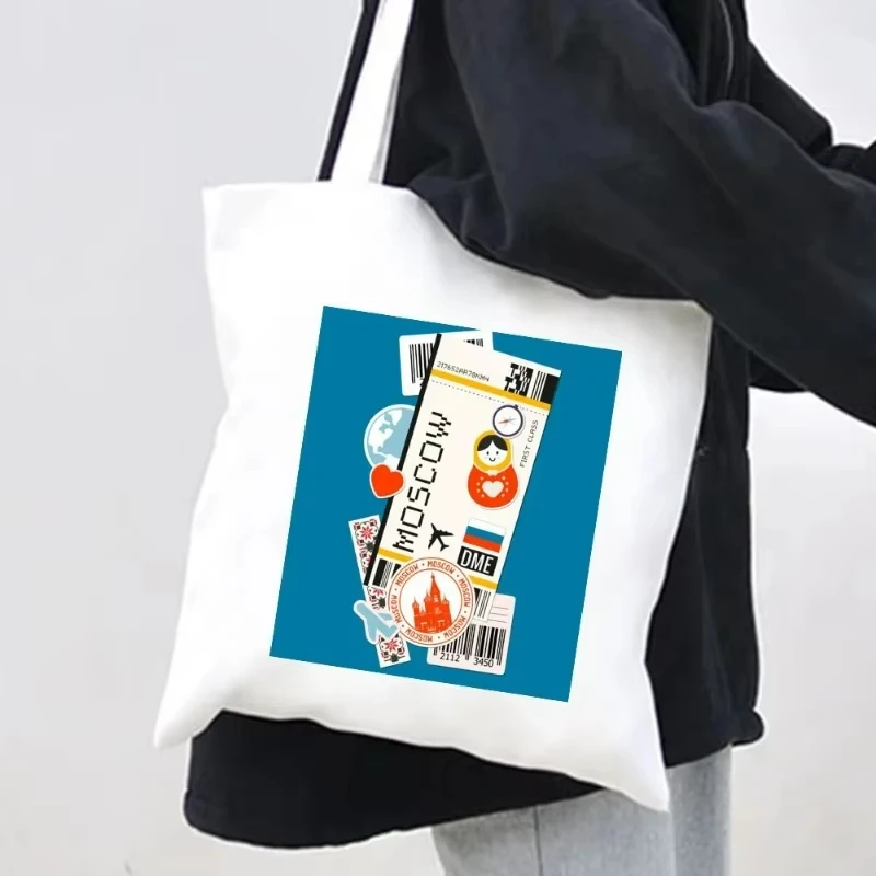 Paris New York Moscow Rome Milan London Plane Ticket Shopper Bags Harajuku Shopping Canvas Tote Bag Women Shoulder Handbag Gift