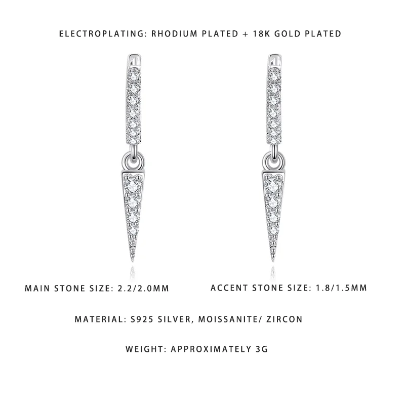 

Женские серьги-подвески с острым концом, позолоченные 18-каратным золотом и родием, из серебра S925, с муассанитом и цирконом 2.2/2.0 мм, для повседневной носки