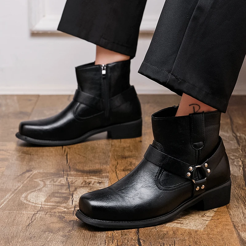 Men High Top Boots PU Solid Color Low Heel Square Toe Fashionable Classic Men Boots Size 38-46