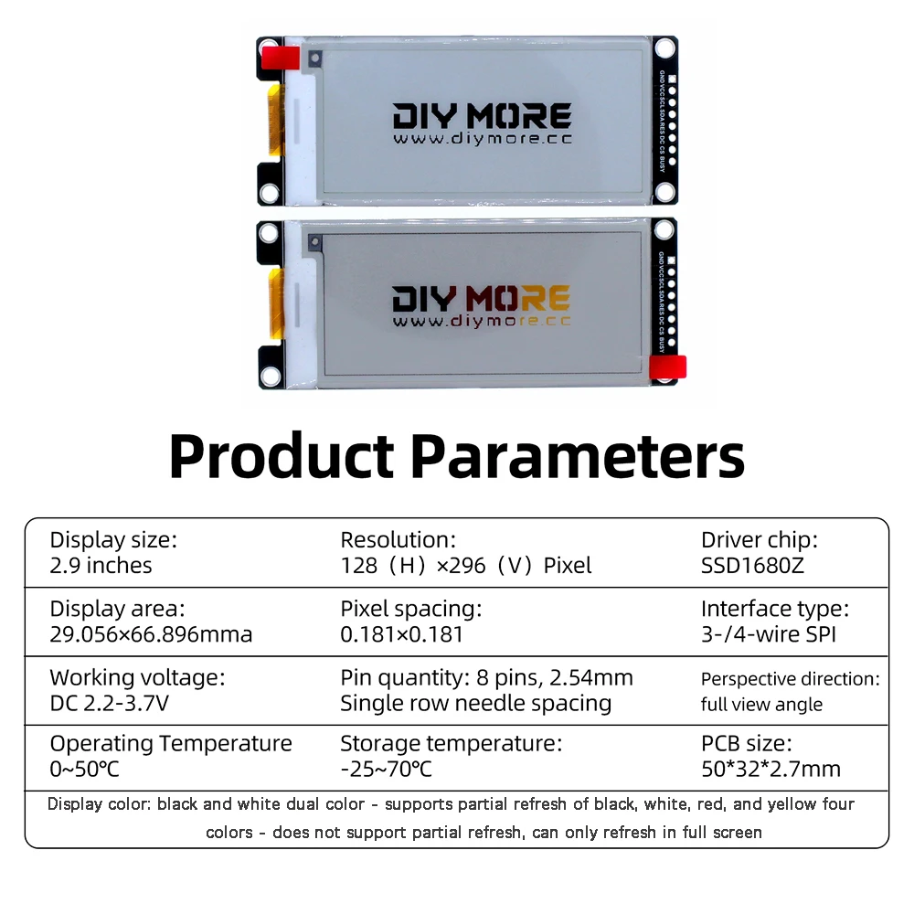 2,9 Zoll E-Paper-Displaymodul 296x128 SPI SSD1680Z E-Ink-Bildschirm Ultra-Niedriger Stromverbrauch DC 2,2–3,7V Farb-E-Ink-Display für DIY IoT – Detail 7